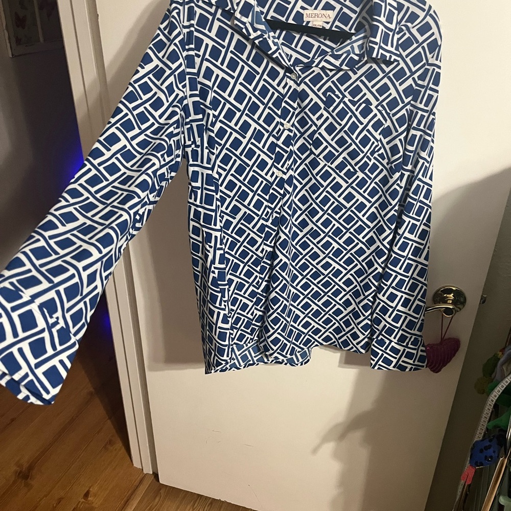❤️ XXL Merona Blue Geometric Print Women's Button Down Top - Picture 4 of 10